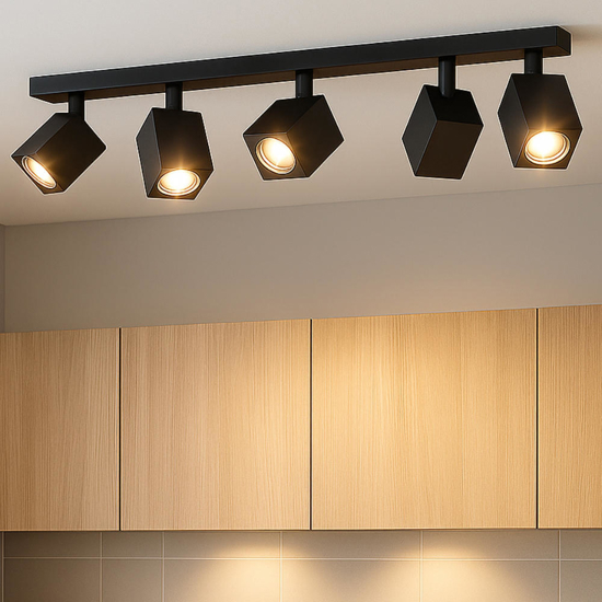 Top light kibo plafoniera moderna nera binario 5 faretti orientabili per cucina