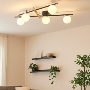 Plafoniera miloox kika nera e oro design moderno 5 sfere vetro bianco