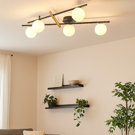 Plafoniera miloox kika nera e oro design moderno 5 sfere vetro bianco