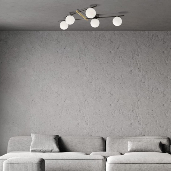 Plafoniera miloox kika nera e oro design moderno 5 sfere vetro bianco