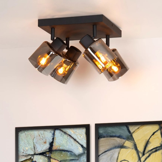 Plafoniera da soffitto con 4 faretti nera con vetri fume