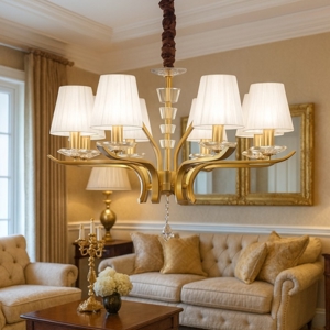 Ideal lux pegaso sp8 lampadario per salone ottone paralumi tessuto