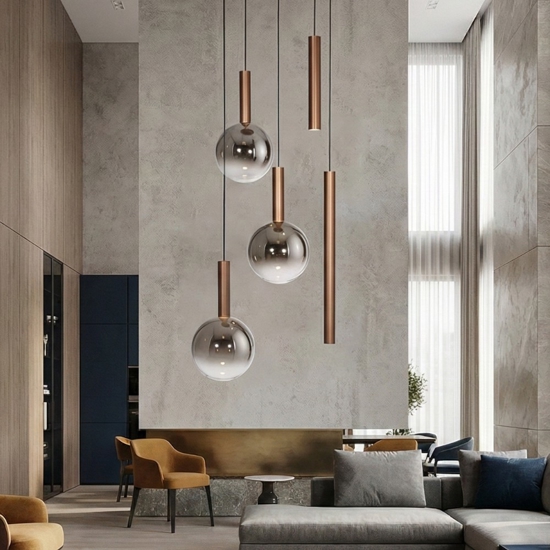 Lampadario marrone con sfere in vetro per soggiorno moderno