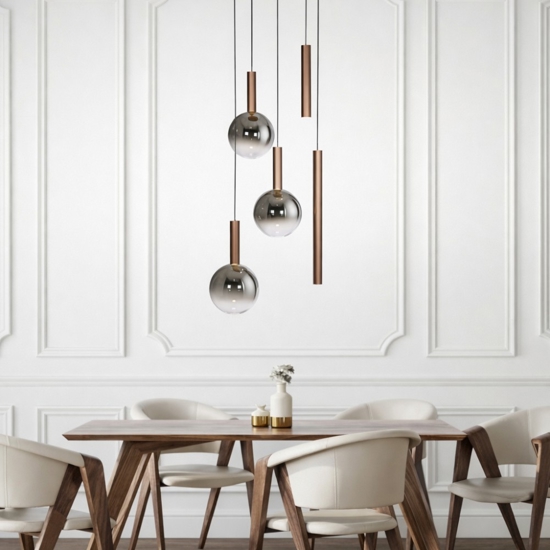 Lampadario marrone con sfere in vetro per soggiorno moderno