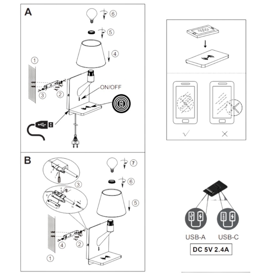 Lampada a parete per comodini bianco con base di ricarica presa usb