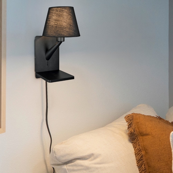 Applique multifunzione nero per camera da letto da comodino con base ricarica