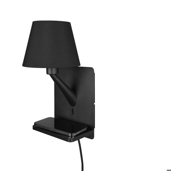 Applique multifunzione nero per camera da letto da comodino con base ricarica
