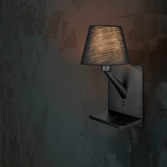 Applique multifunzione nero per camera da letto da comodino con base ricarica