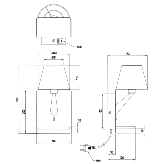 Applique multifunzione nero per camera da letto da comodino con base ricarica