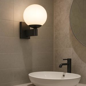 Applique da bagno nera sfera vetro bianco