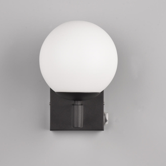 Applique da bagno nera sfera vetro bianco