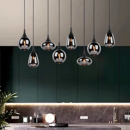 Lampadario cromato da cucina 8 diffusore vetro h150 cm max