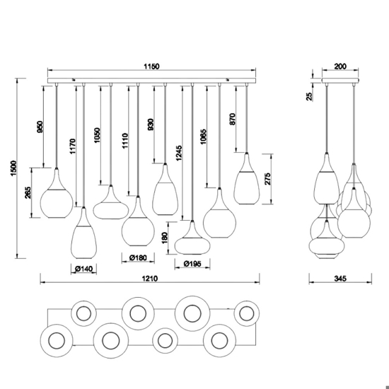 Lampadario cromato da cucina 8 diffusore vetro h150 cm max