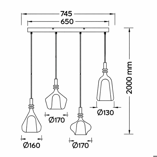 Lampadario per tavolo sala da pranzo con 4 pendenti i vetro