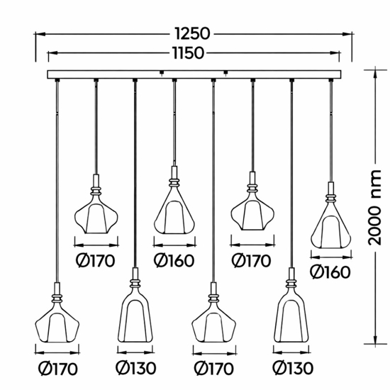 Lampadario con vetri ambra cromo 8 pendenti per tavolo sala da pranzo