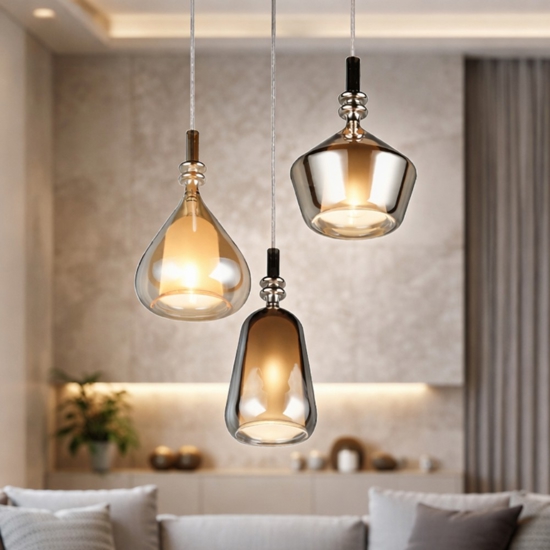 Lampadario con 3 vetri multicolor pendeti per soggiorno moderno