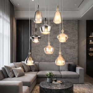 Lampadario con 8 sfere di vetro ambra cromo per soggiorno salotto