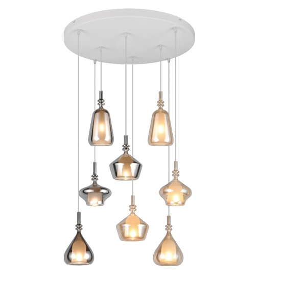 Lampadario con 8 sfere di vetro ambra cromo per soggiorno salotto