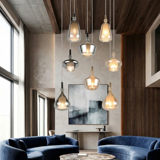 Lampadario con 8 sfere di vetro ambra cromo per soggiorno salotto