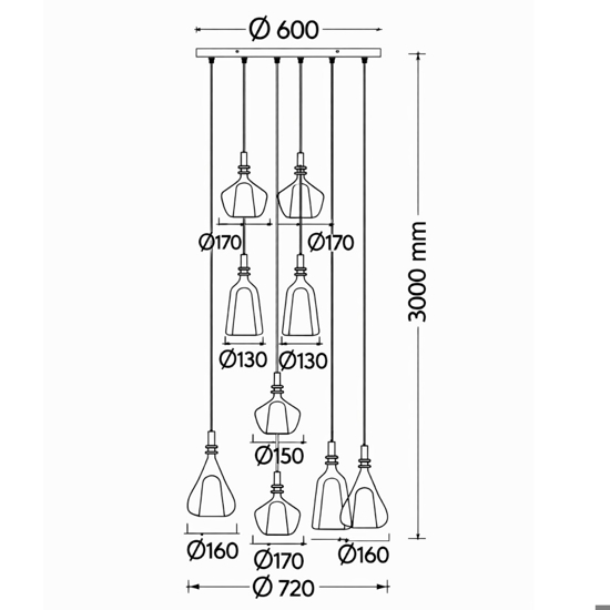 Lampadario con 8 sfere di vetro ambra cromo per soggiorno salotto