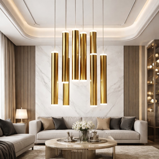 Lampadario pendenti cilindri oro a sospensione fabas luce prado