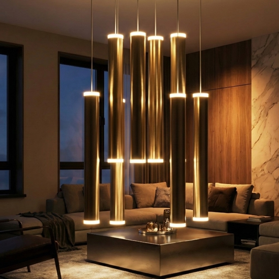 Lampadario pendenti cilindri oro a sospensione fabas luce prado