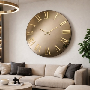 Grande orologio moderno rotondo 100cm specchio bronzo dettagli oro