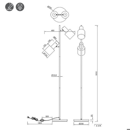 Lampada da terra moderna nera con due luci orientabili h161 cm