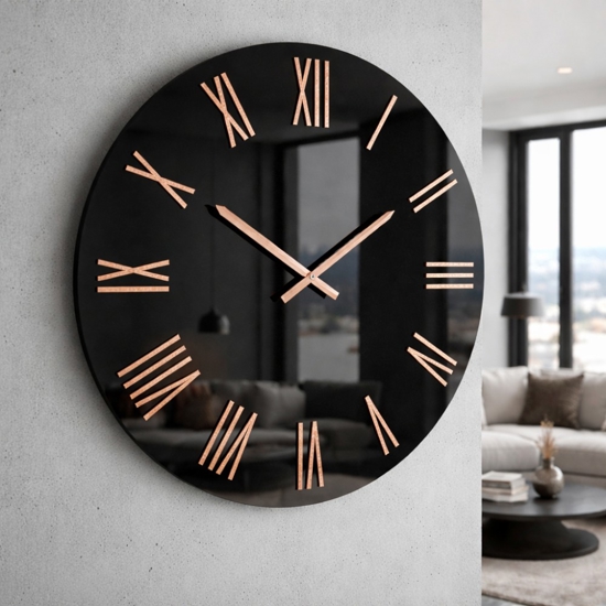 Grande orologio da parete 100cm effetto specchio numeri foglia rame