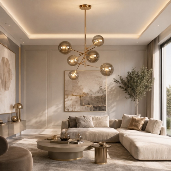 Lampadario oro sfere di vetro fume moderno per soggiorno