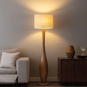 Lampada da terra piantana di legno per salotto paralume di juta