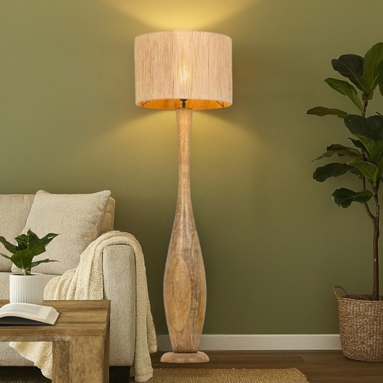 Lampada da terra piantana di legno per salotto paralume di juta
