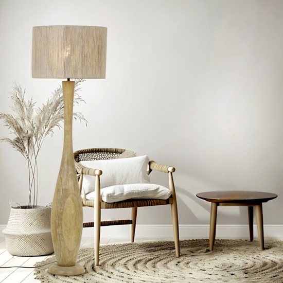 Lampada da terra piantana di legno per salotto paralume di juta