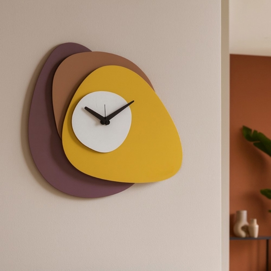 Orologio moderno da parete design ondulato viola mousse e ocra
