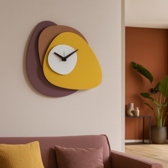 Orologio moderno da parete design ondulato viola mousse e ocra