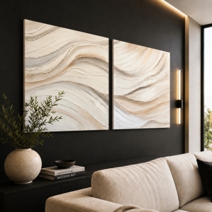 Coppia di quadri astratti moderni pittura materica su tela per soggiorno bianco beige