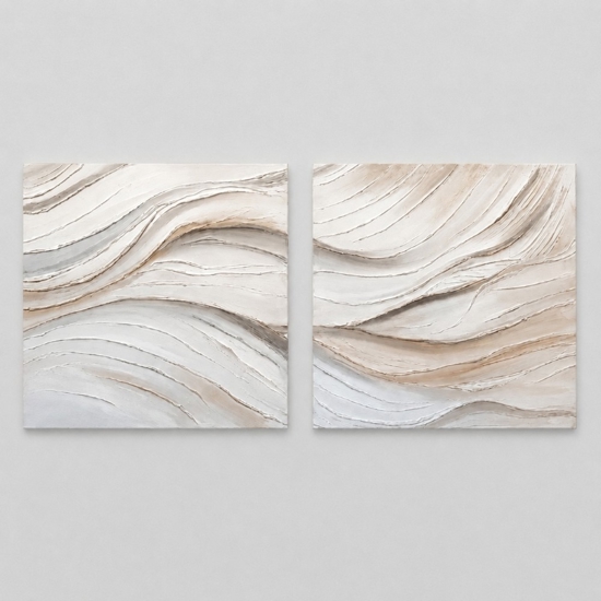 Coppia di quadri astratti moderni pittura materica su tela per soggiorno bianco beige