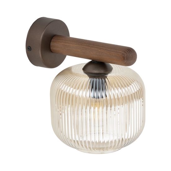 Applique da parete in legno sfera di vetro cognac rigata