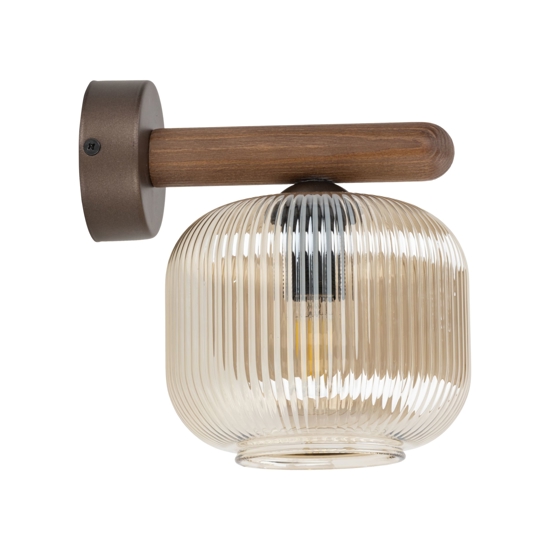 Applique da parete in legno sfera di vetro cognac rigata