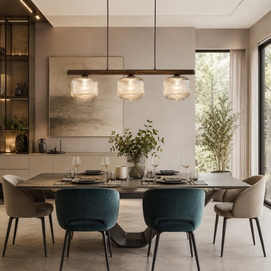 Lampadario per cucina barra di legno vetri rigati cognac