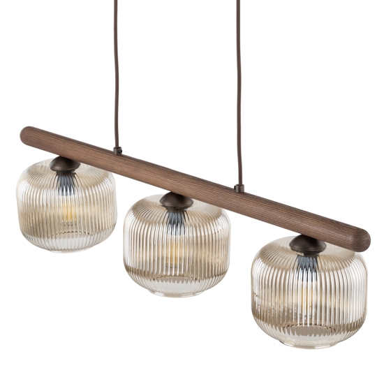 Lampadario per cucina barra di legno vetri rigati cognac