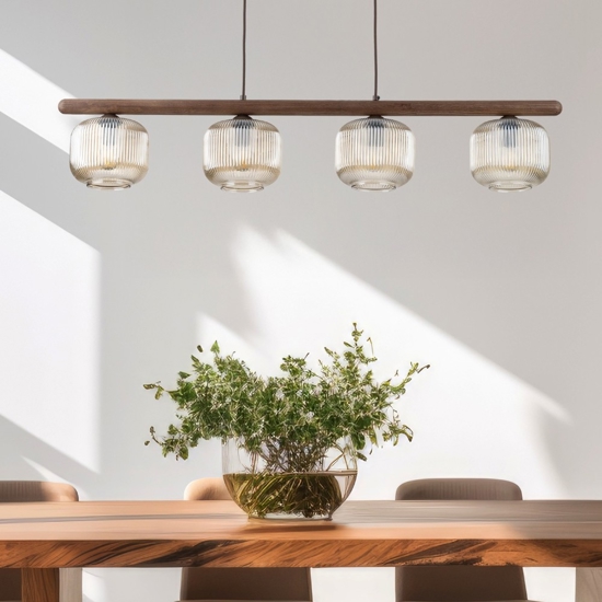 Lampadario in legno sfere di vetro cognac trasparente per sala da pranzo 