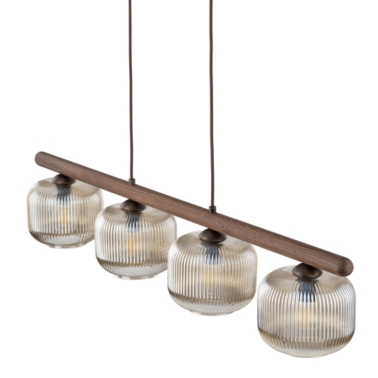 Lampadario in legno sfere di vetro cognac trasparente per sala da pranzo 