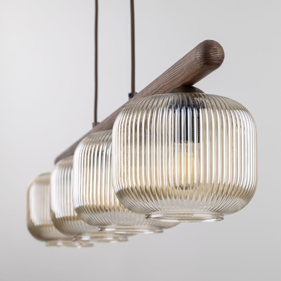 Lampadario in legno sfere di vetro cognac trasparente per sala da pranzo 