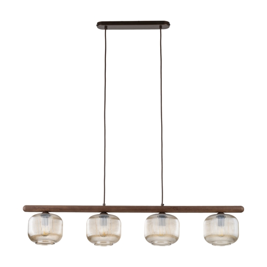 Lampadario in legno sfere di vetro cognac trasparente per sala da pranzo 