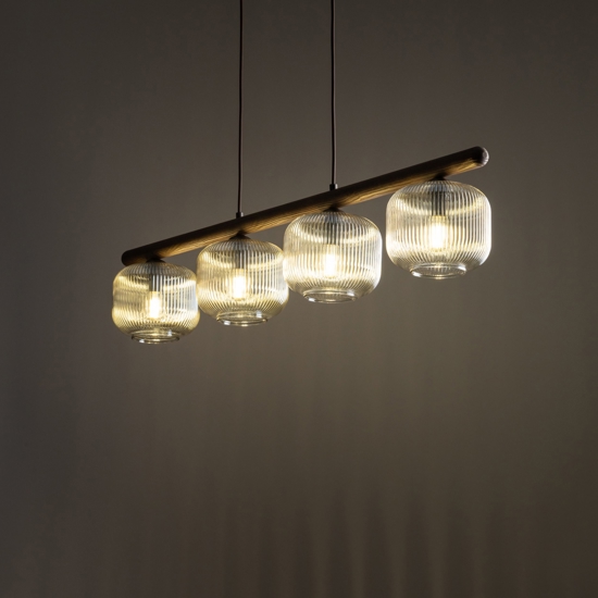 Lampadario in legno sfere di vetro cognac trasparente per sala da pranzo 