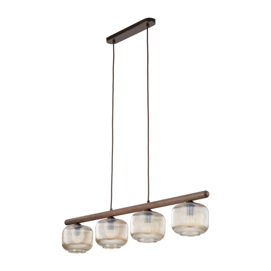 Lampadario in legno sfere di vetro cognac trasparente per sala da pranzo 