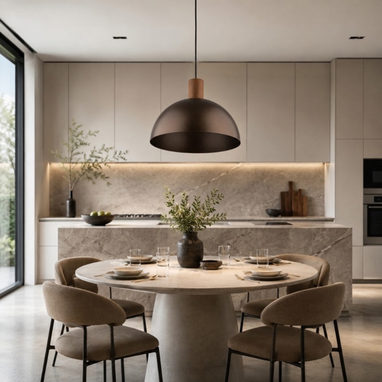 Lampadario cupola marrone in metallo inserti legno pino per cucina