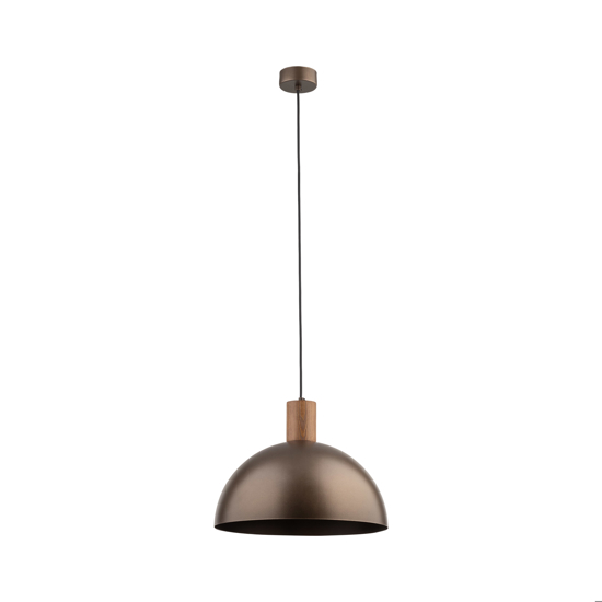 Lampadario cupola marrone in metallo inserti legno pino per cucina