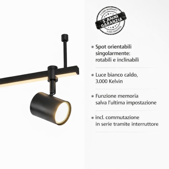 Plafoniera da soffitto nera con faretti led 3000k orientabili doppia luce